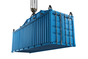 Large blue shipping container being lifted