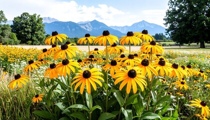 Fototapeta premium A vibrant display of golden coneflowers, set against a backdrop of rolling hills and a clear blue sky, evokes a sense of summer's beauty.