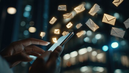 Hands holding a phone with email icons flying around