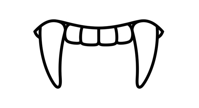 A simple black line drawing of vampire teeth, featuring long, sharp fangs isolated on a white background.