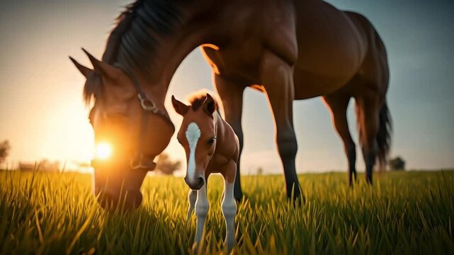 A beautiful image of a brown horse and its foal grazing in a green field during sunset.