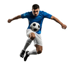 soccer player in mid-air expertly controlling a ball, showcasing athletic prowess and intense focus for sports advertising and lifestyle content.