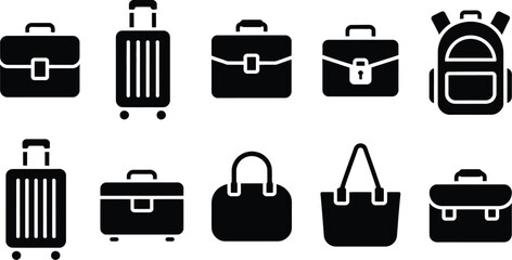 Collection of various travel bags and luggage icons in black silhouette style