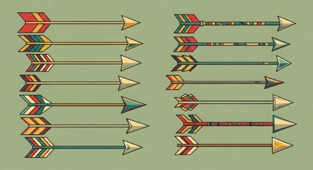 Illustration of multiple colorful native american style arrows on a light green background art design