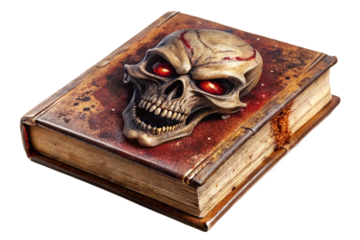 Ancient occult horror book with demonic skull cover red glowing eyes isolated for digital projects transparent background