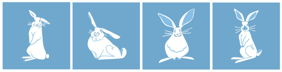 Hand drawn abstract vector graphic clipart illustration collection with white adorable cute,cartoon bunny character.Trendy kids modern design concept.Vector contemporary New Year and Easter symbol.