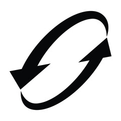 Minimalist black circular double-arrow icon on white background. Two bold curved arrows form a loop, symbolizing process, recurrence, or motion. Clean, centered, graphic design.