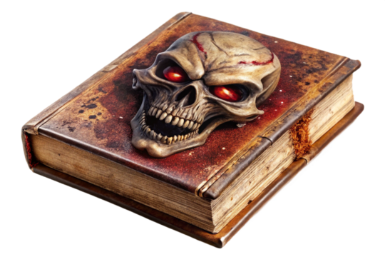 Ancient occult horror book with demonic skull cover red glowing eyes isolated for digital projects transparent background