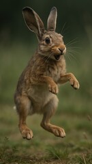 Obraz premium Joyful rabbit leaping energetically outdoors.