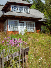 Ukrainian wooden cabin on the hill with old fence and flowers.