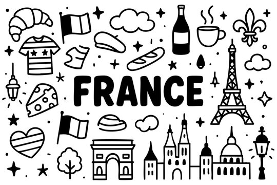 France doodle compilation: Eiffel Tower, Arc de Triomphe, croissant, baguette, cheese, wine, perfume, beret, striped shirt, French flag, fleur-de-lis, Paris skyline, and caf&eacute; culture.