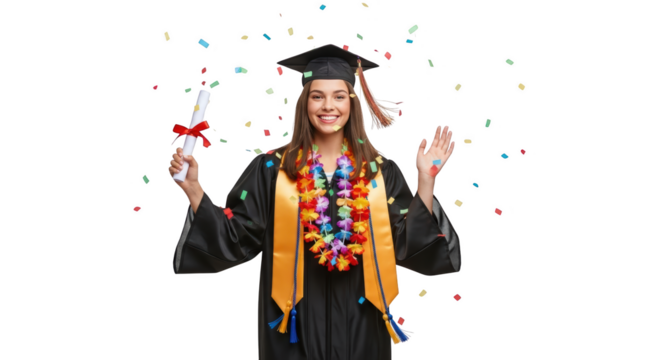 Diploma graduate gown Happy Graduate and graduation cap Confetti. Confetti with diploma