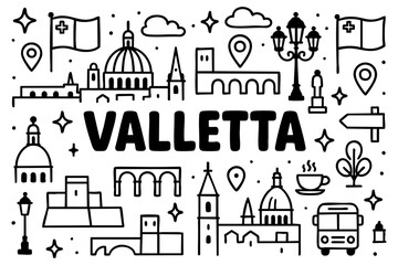 Fototapeta premium Valletta doodle compilation: Domes, churches, forts, bridges, monuments, buses, coffee, Maltese flag, and seafront skyline.