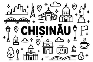 Chișinău doodle compilation: Triumphal Arch, Cathedral, TV tower, bridges, skyline, statue, domes, flag, bus, lamp posts, and coffee.