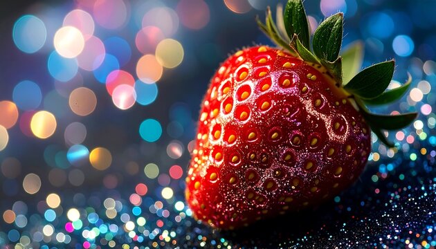 A vibrant strawberry, glistening with a captivating display of colorful bokeh, sits alluringly against a backdrop of shimmering light.