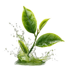 Fresh green tea leaves emerging from a splash of water