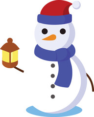 Cartoon Snowman with Red Hat and Lantern on a Black Background