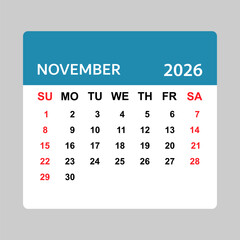November 2026 Calendar – Sunday Start