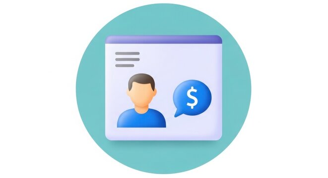 Illustration of a profile page with a person icon and a dollar sign speech bubble icon inside it
