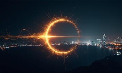 A radiant golden ring of light hovers over a dark bay, with a sprawling futuristic city skyline illuminated at night.