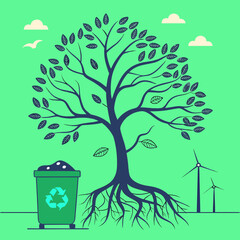 Obraz premium Tree with recycling symbol surrounded by renewable energy elements