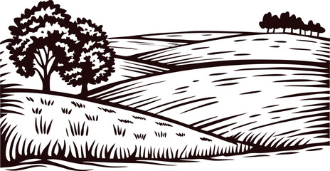 Fototapeta premium Hand drawn rural landscape with trees and rolling hills in vintage engraved illustration
