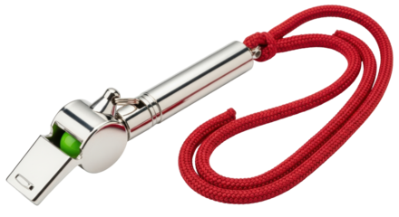 Isolated Silver Whistle with Red Cord