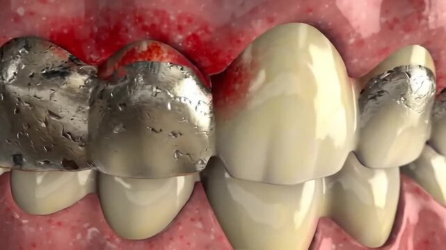 Dental crown restoration closeup with inflamed gums and periodontitis