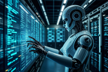 Robot analyzing data on futuristic touchscreen in server room