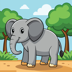 A gray elephant character with a big trunk and funny ears is having a happy time at the zoo in this cute cartoon illustration