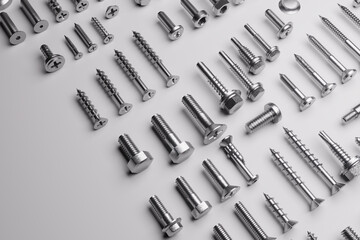 Set of screws, bolts, nuts, and washers neatly arranged on a white background.