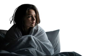 Night Sleepless Pensive Young girl Woman adult Wrapped Blanket in Night. female