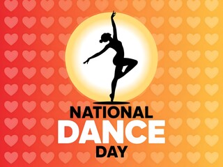 Celebrate national dance day with a silhouette of a graceful dancer on a heart patterned background