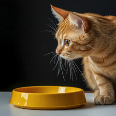 Ginger cat looks at an empty yellow food bowl on a white surface on a black background