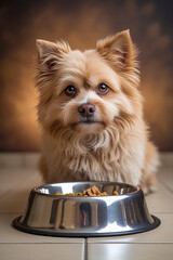 Adorable Pomeranian puppy near a bowl of food