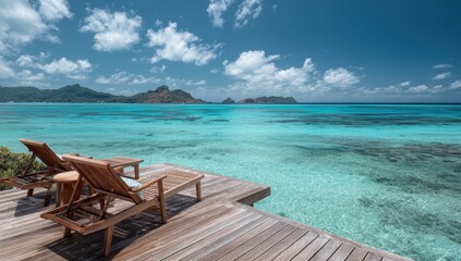 Naklejka premium Tranquil ocean view from a wooden deck