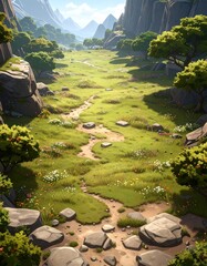 A sun-drenched valley, dotted with wildflowers and a winding path, leads between towering mountains.