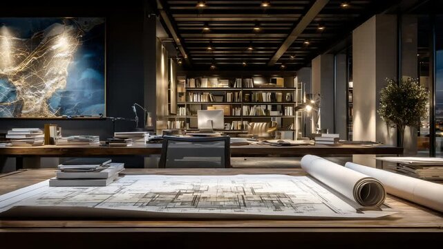 Contemporary design studio featuring engineering blueprints and detailed structural notes on a glass desk, with rolled charts against a steel frame.