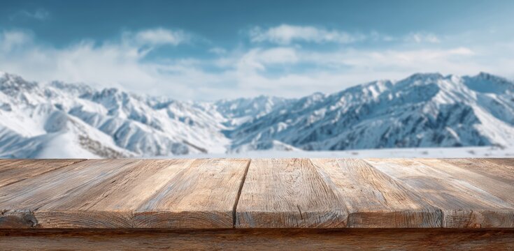 Wooden tabletop with a snowy mountain backdrop