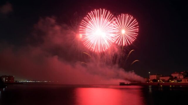 New Year fireworks over water in Estoril Portugal at night