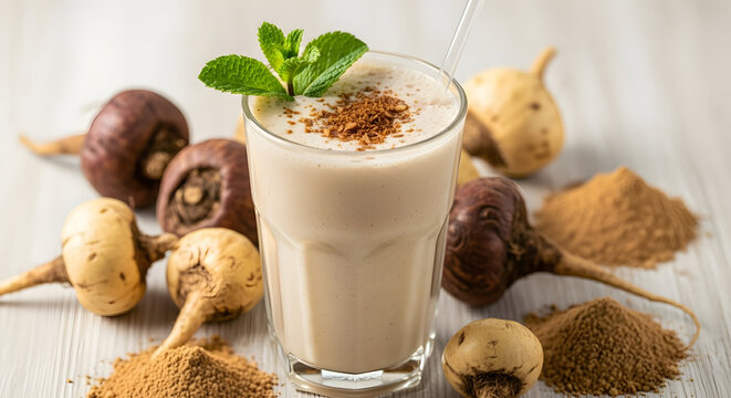 Creamy Beige Smoothie in Glass with Mint and Powder, Light Background