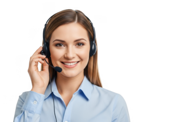 Smiling woman with headset ready for customer service and support transparent background
