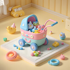 Pink and Blue Toy Stroller with Toys