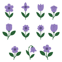 A collection of stylized purple flowers with green stems and leaves, arranged in three rows.