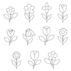 A collection of simple line drawings of various flowers, including daisies, tulips, and roses, presented on a white background.