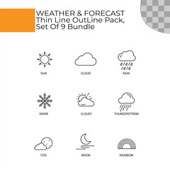 Weather and Forecast Thin Line Outline Icons Pack of 9 on white transparent background