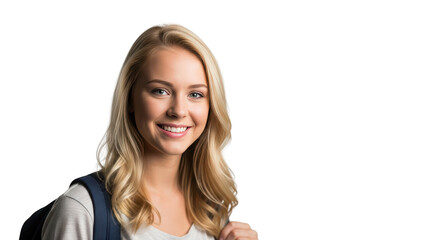Blonde female girl Woman Student with Smiling person Backpack Young Backpack. woman young