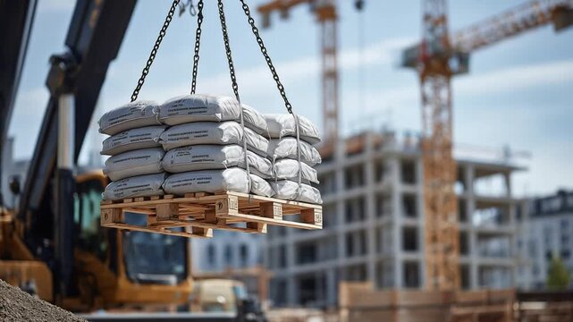 A crane lifts cement bags at a bustling construction site with a high-rise building framework in the background.