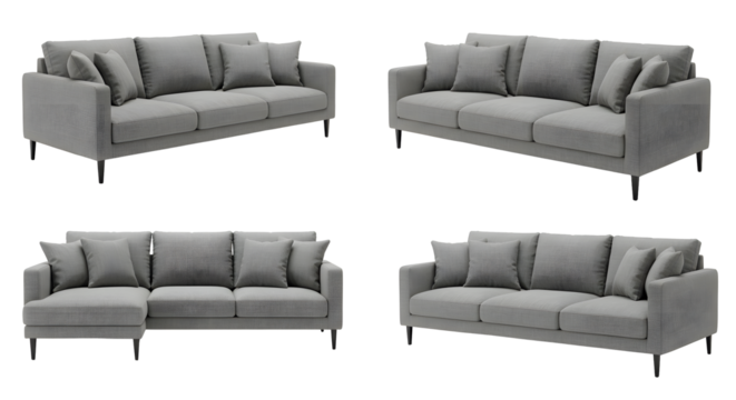 Multiple views of gray fabric sofas with throw pillows on transparent background
