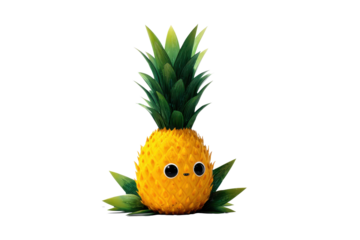 3d illustration of cartoon cute yellow pineapple with leaves isolate on transparent background, png for poster banner cover design